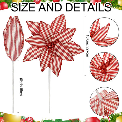 Soulchen 12 Pcs 12'' Red and White Christmas Poinsettia Candy Cane Poinsettia Christmas Tree Ornaments Peppermint Flower Tree with Stems Topper for DIY Xmas Wreath Garland Holiday Party Decor