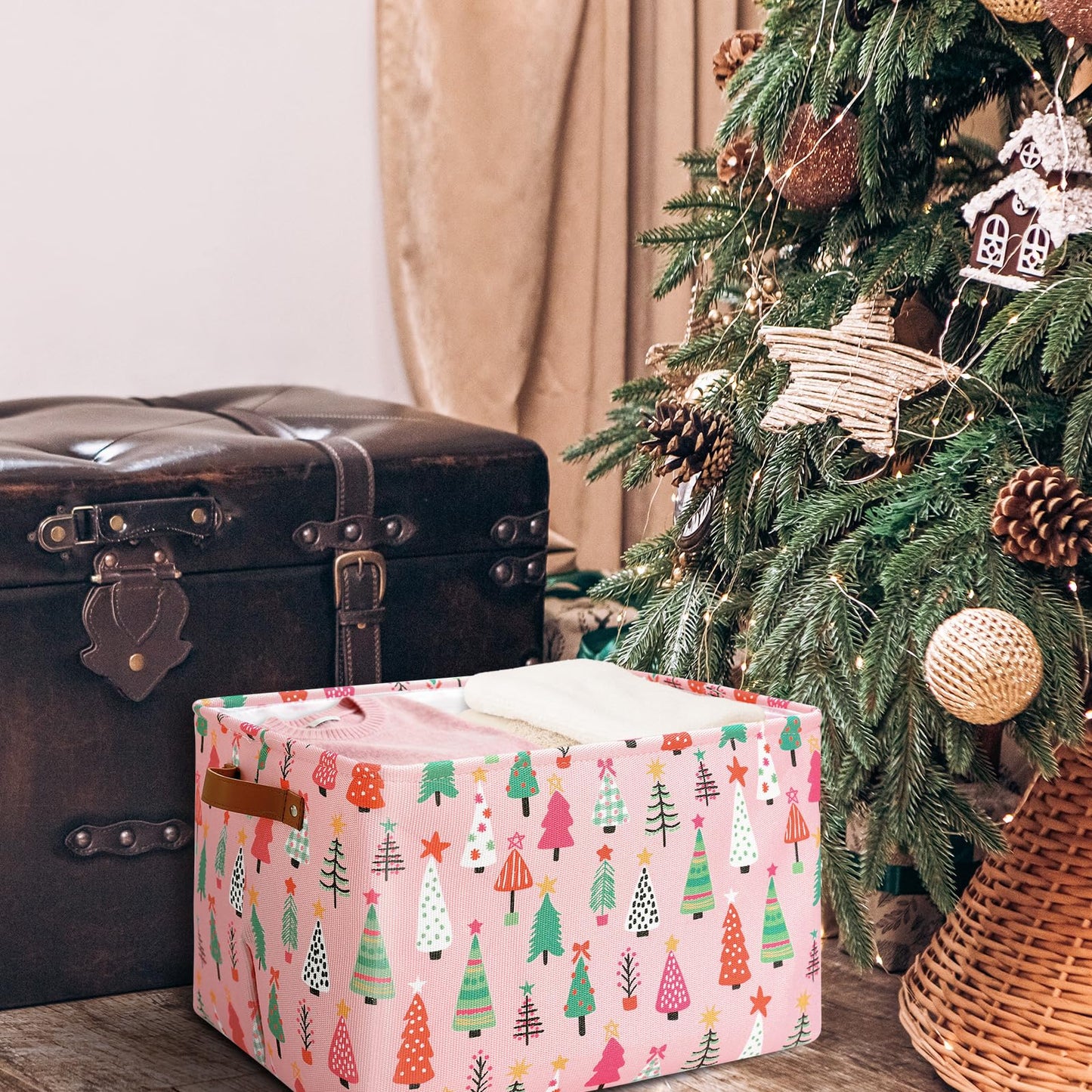FYSUIMU Christmas Storage Basket with Handles Xmas Tree Pink Cube Storage Bin Foldable Fabric Container Organizer Box for Home Office Dorm Closet Shelf Toy