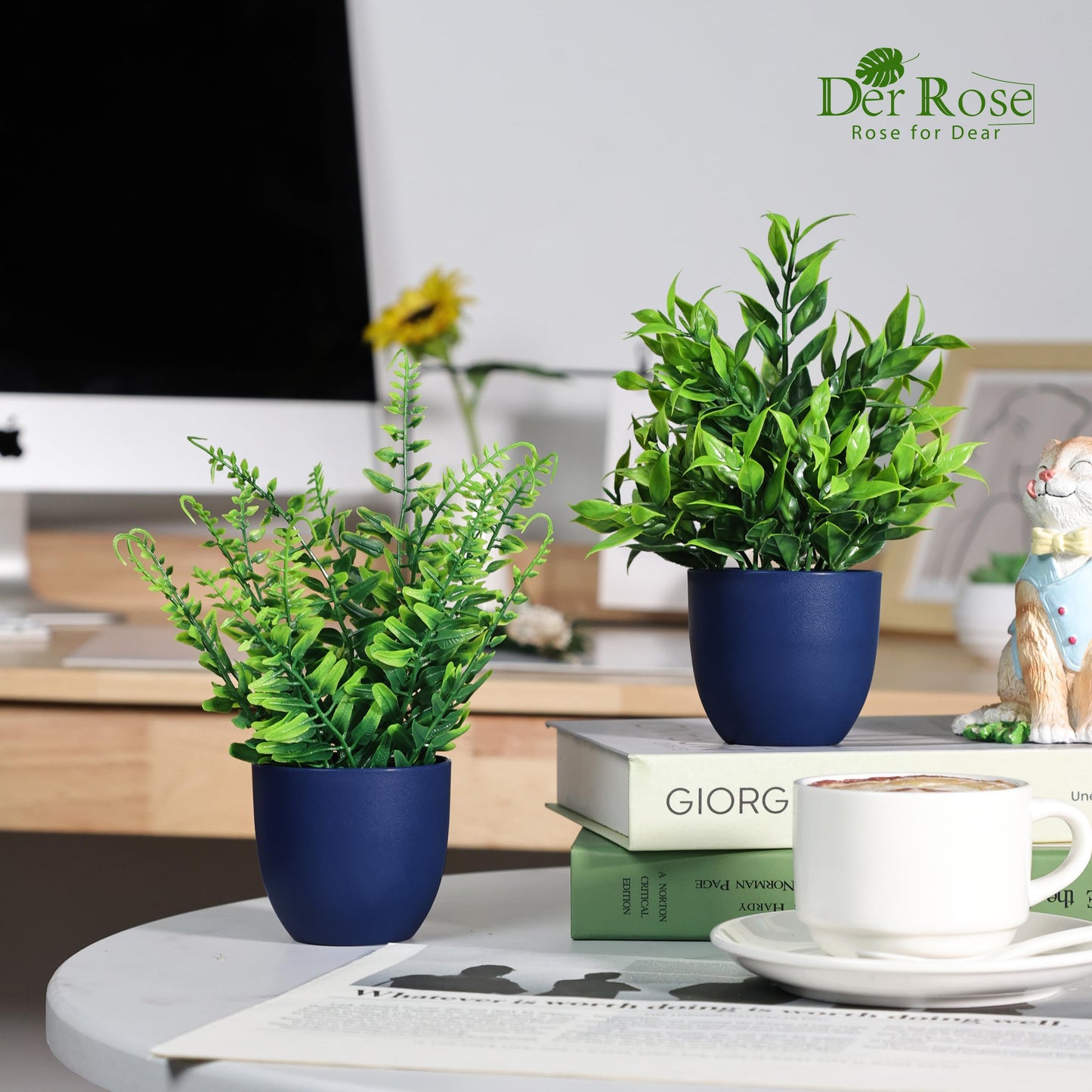 Der Rose 4 Pack Fake Plants Small Artificial Plants in Blue Pots Faux Plants Indoor for Home Kitchen Table Blue Bathroom Decor Accessories