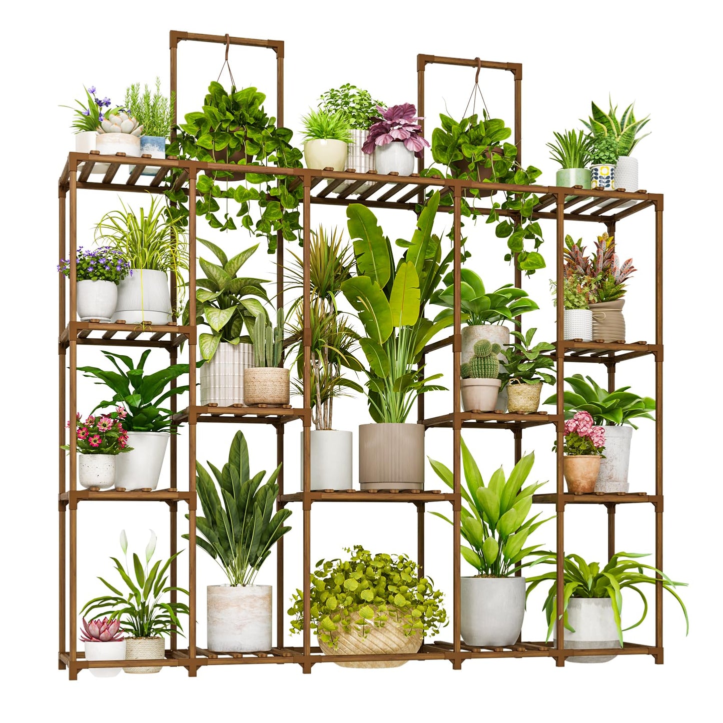 Bamworld Large Plant Shelf Plant Stand Indoor 62.2" Tall Outdoor Plant Holder Wood for Multiple Plants Hanging Plant Rack for Living Room Garden Balcony