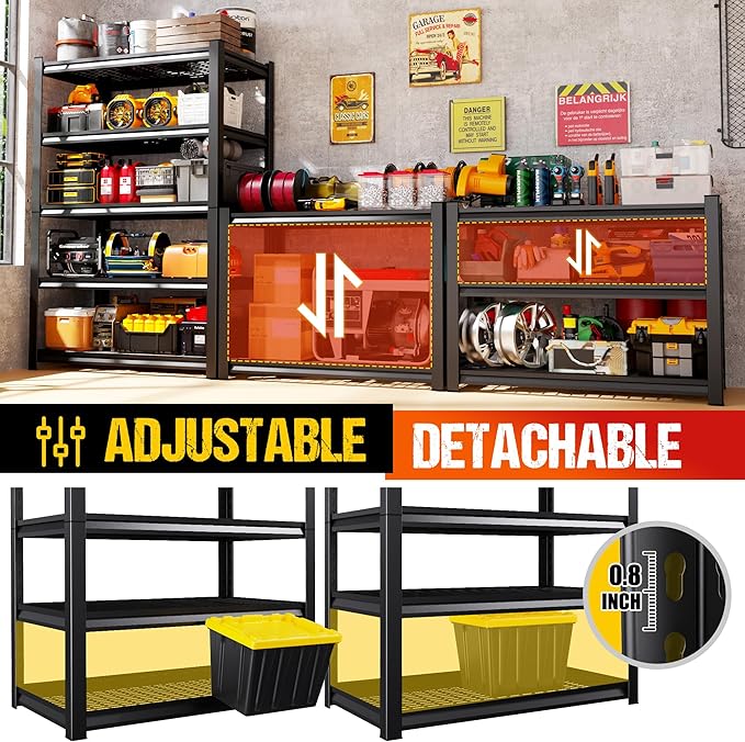 71.2" H Garage Shelving Heavy Duty Storage Shelves, Adjustable Metal Shelving Unit, Utility Garage Organizer Shelf for Basement, Pantry, Warehouse, Supermarket, 35.4" Wx15.7 Dx71.2 H,Black