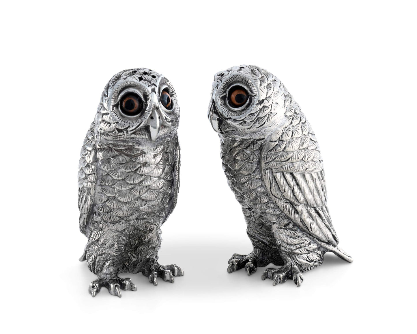 Vagabond House Pewter Metal Owl Salt and Pepper Shaker Set with Hand-Painted Eyes Thanksgiving Harvest Table 3.75 inch Tall