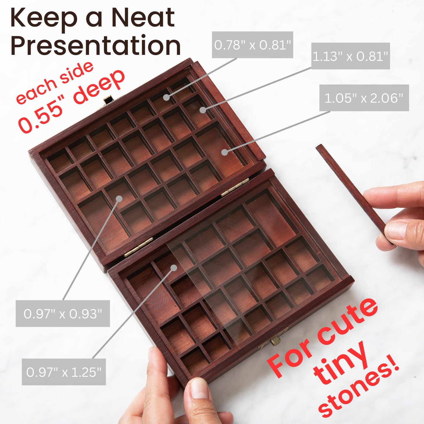 SmartyRocks Small Portable Rock Display Case Hand-Sized, 48-Slotted Shadow Box for Gemstones or Beads Bamboo-Wood Collection Case with Plexiglass for Kids