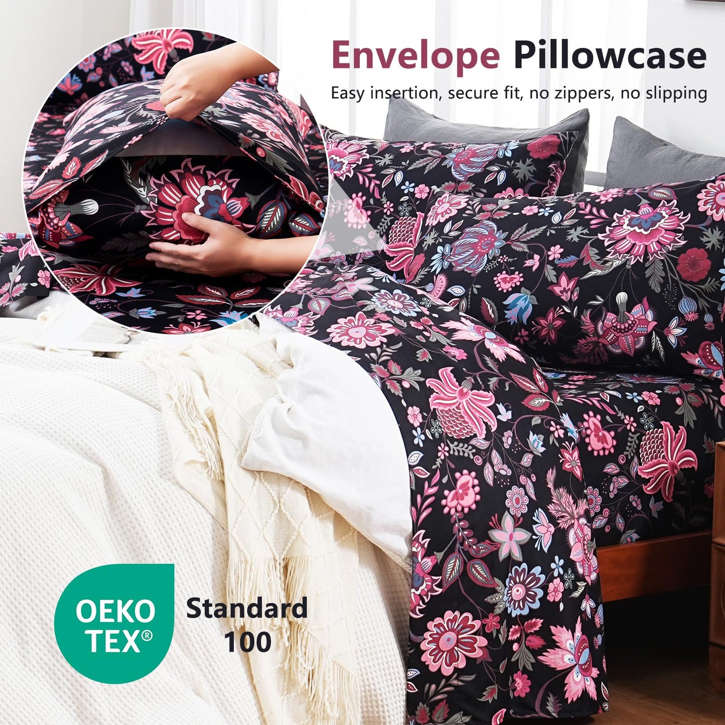 Bedlifes Queen Sheet Set Ultra Soft, Breathable, Silky Flower Deep Pocket 100% Microfiber Bedding, 4 Piece Queen Size with Floral,Black Red Flowers