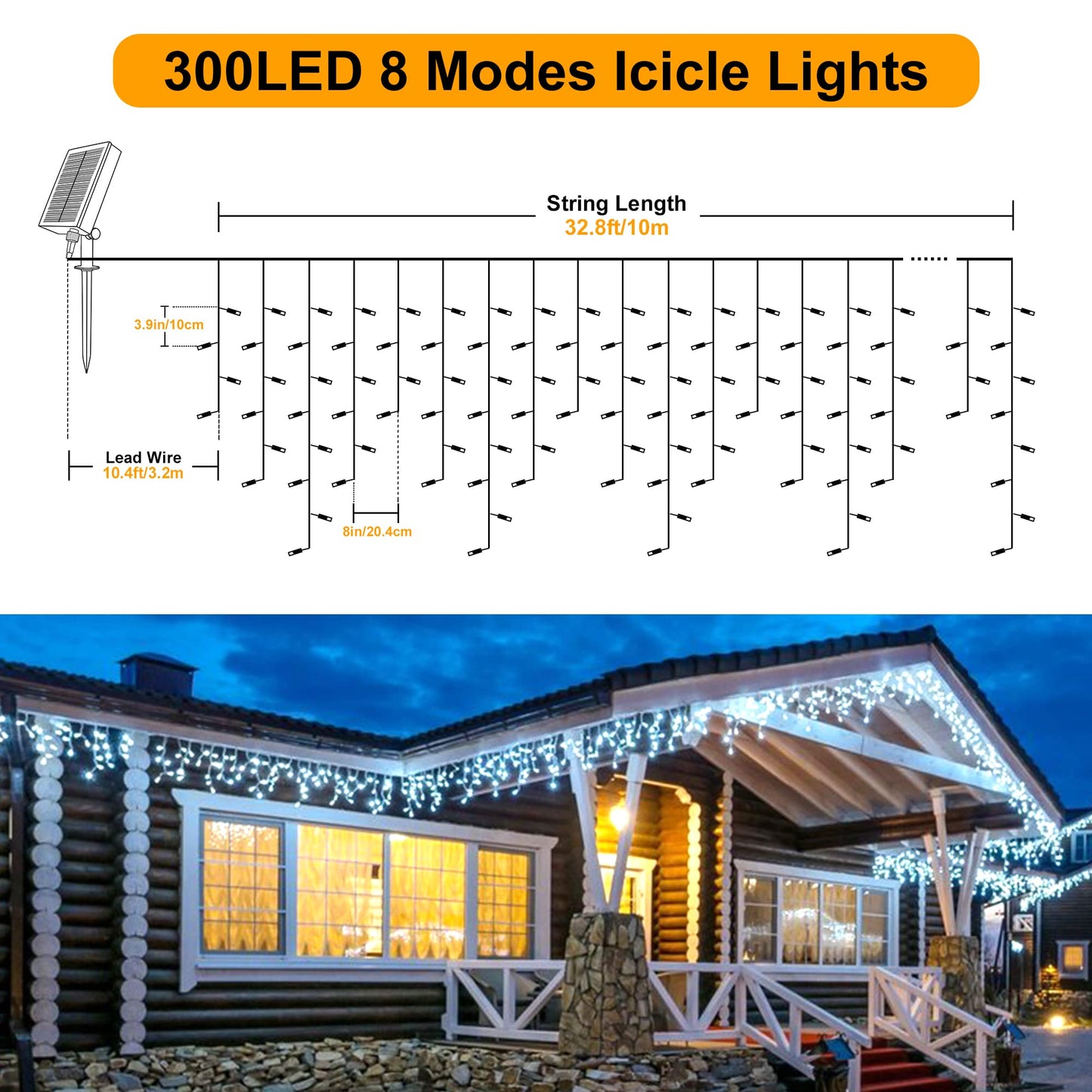 mimigogo 300 LED Solar Icicle Lights Outdoor with Remote Control, 33ft 8 Modes Curtain String Lights with 50 Drops, Christmas Holiday Wedding Party Decorations, White