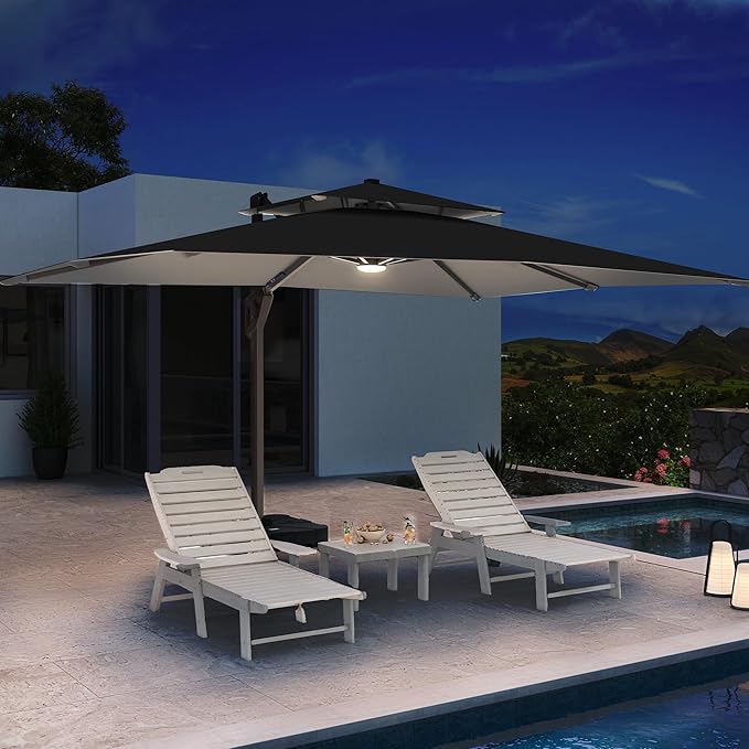 10 X 13 FT Cantilever Patio Umbrella with LED Lights Outdoor Heavy Duty Double Top Windproof Rectangle Offset Umbrellas with 360-degree Rotation for Pool Deck Backyard, Black