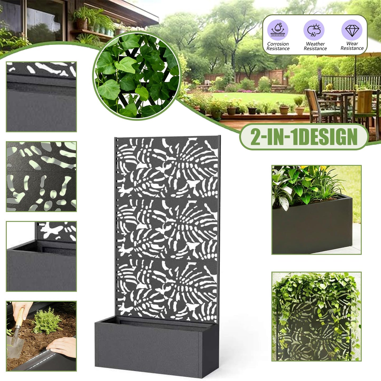 47" Metal Planter Box with Trellis on Wheels, Galvanized Steel Raised Garden Bed Privacy Screen, 71" Tall Mobile Vertical Garden Planter for Patio, Deep Root Outdoor Climbing Plant Support, Black