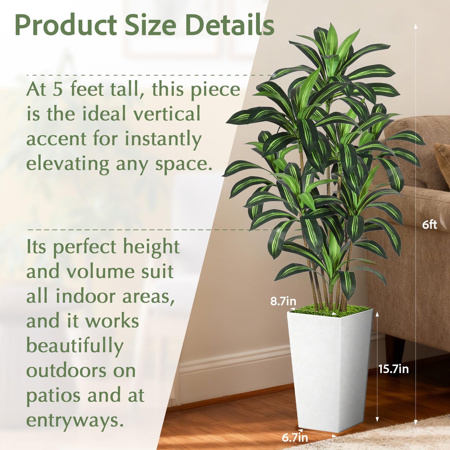 Wrbtn Realistic Artificial Indoor Plant Tree - Tall Fake Dracaena Potted Plant for Home Office Decor, Living Room & Bedroom - Lifelike Faux Plant Tree with Pot-Palm(White, 6FT)