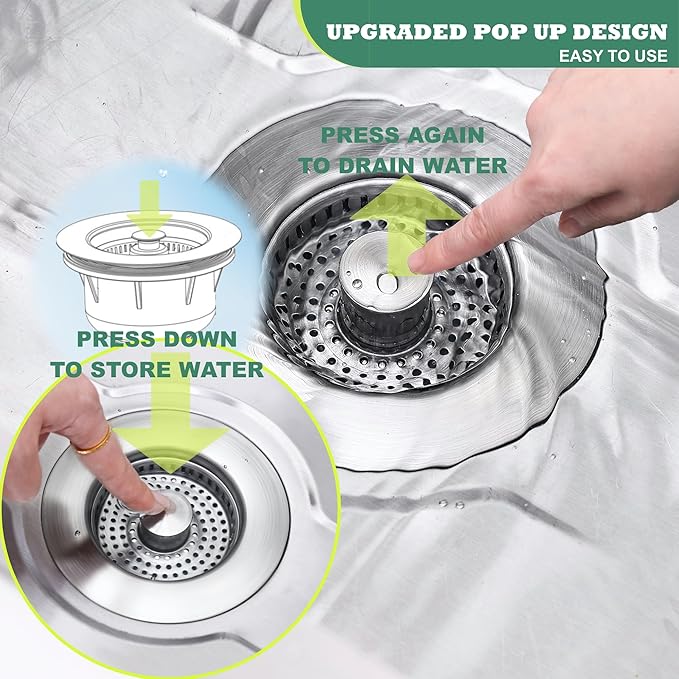 Sink Drain Strainer 3 in 1, 304 Stainless Steel Pop Up Sink Stopper,