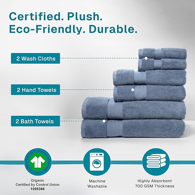 100% Organic Cotton Bath Towel Set | Bathroom Luxury Towel Set of 6 | GOTS