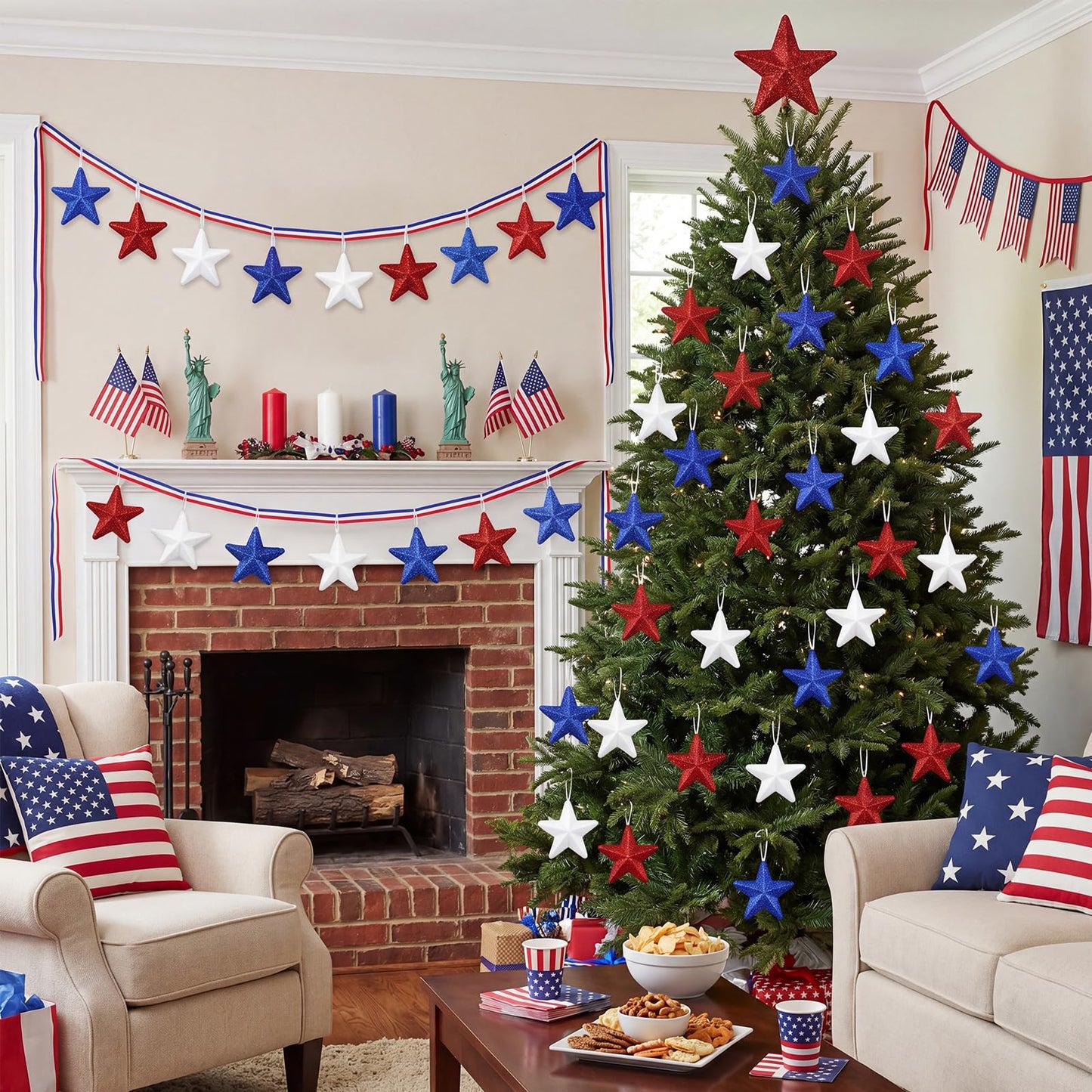 24 Pcs 4th of July Large Star Ornaments, 4.3 Inch Patriotic Hanging Glitter Star Red White Blue Tree Decor for Independence Day, 250th Anniversary, Memorial Day Home Party Decor