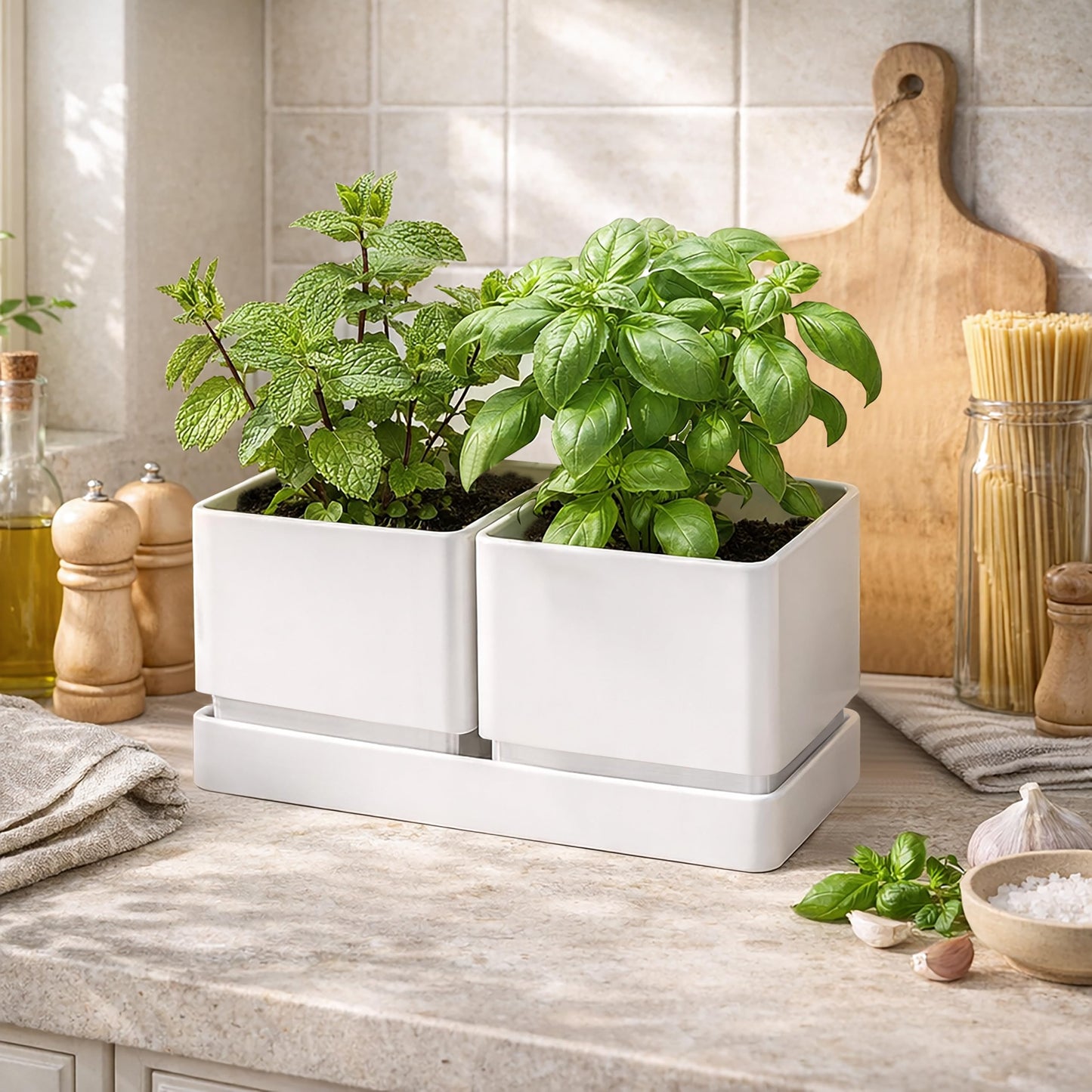 D'vine Dev Indoor Herb Garden Planter Set, Plastic Windowsill Plant Pots with Drainage and Saucer, Indoor Succulent Cactus Vegetable Pot for Balcony, Office, Garden, White, Set of 1, 76-Q-A-1