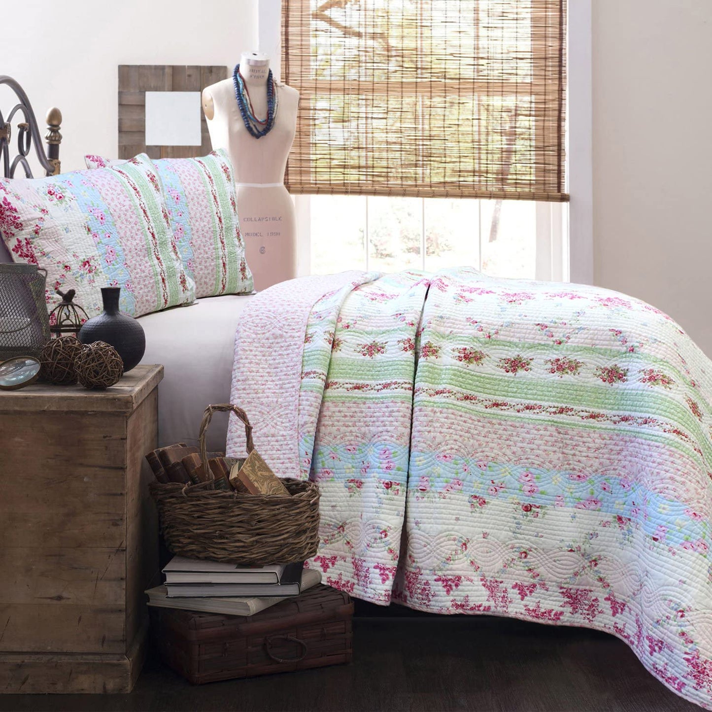 Cozy Line Home Fashions 100% Cotton Real Patchwork Floral Striped Cotton Reversible Quilt Bedding Set, Coverlet, Bedspread (Wild Rose, Queen - 3 Piece)