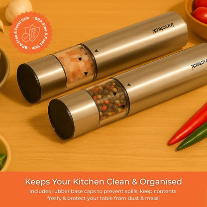 Innoteck Essentials Electric Salt and Pepper Mill Set - Battery-Operated Stainless-Steel Pepper Mill with Light - One Touch Operation - Salt & Pepper Mills - Adjustable Coarseness - Ceramic Grinder