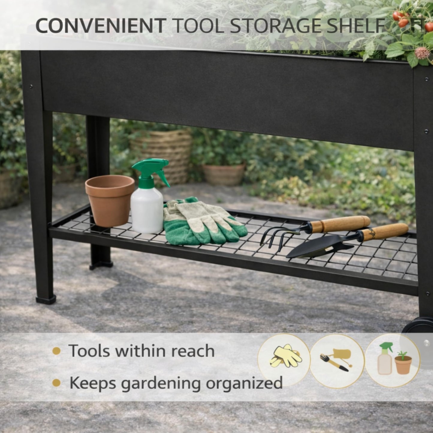 InSideOut Elevated 40" Raised Garden Bed Outdoor with Wheels & Shelf for Mobility, Metal Planter Box for Vegetables/Herbs, Patio-Balcony-Backyard (Charcoal)