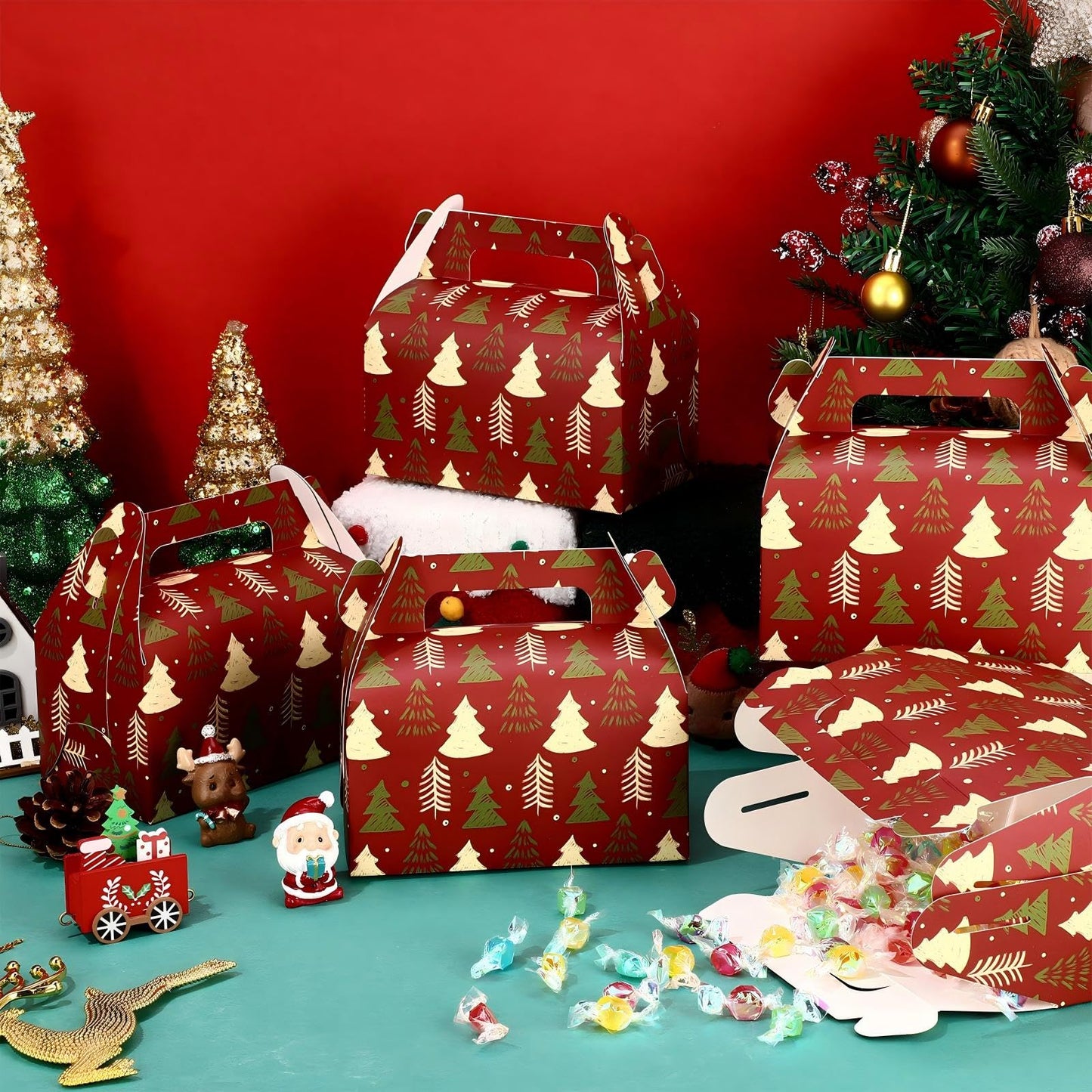 Feifeiya 30 Pcs Christmas Treat Boxes with Handles Xmas Red Gift Boxes Paper Candy Cookie Christmas Tree Cupcake Snack Goodies Gift Wrap Container Bags for Kids Xmas Party Favor Supply Decoration
