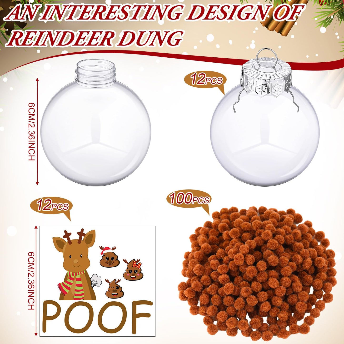 Giegxin 12 Set Funny Christmas Ornaments Kit Reindeer Poof Ball Prank Xmas Hanging Fillable Ball Ornament DIY Funny Hilarious for Home Christmas Tree Party Decor, 2.36 Inch
