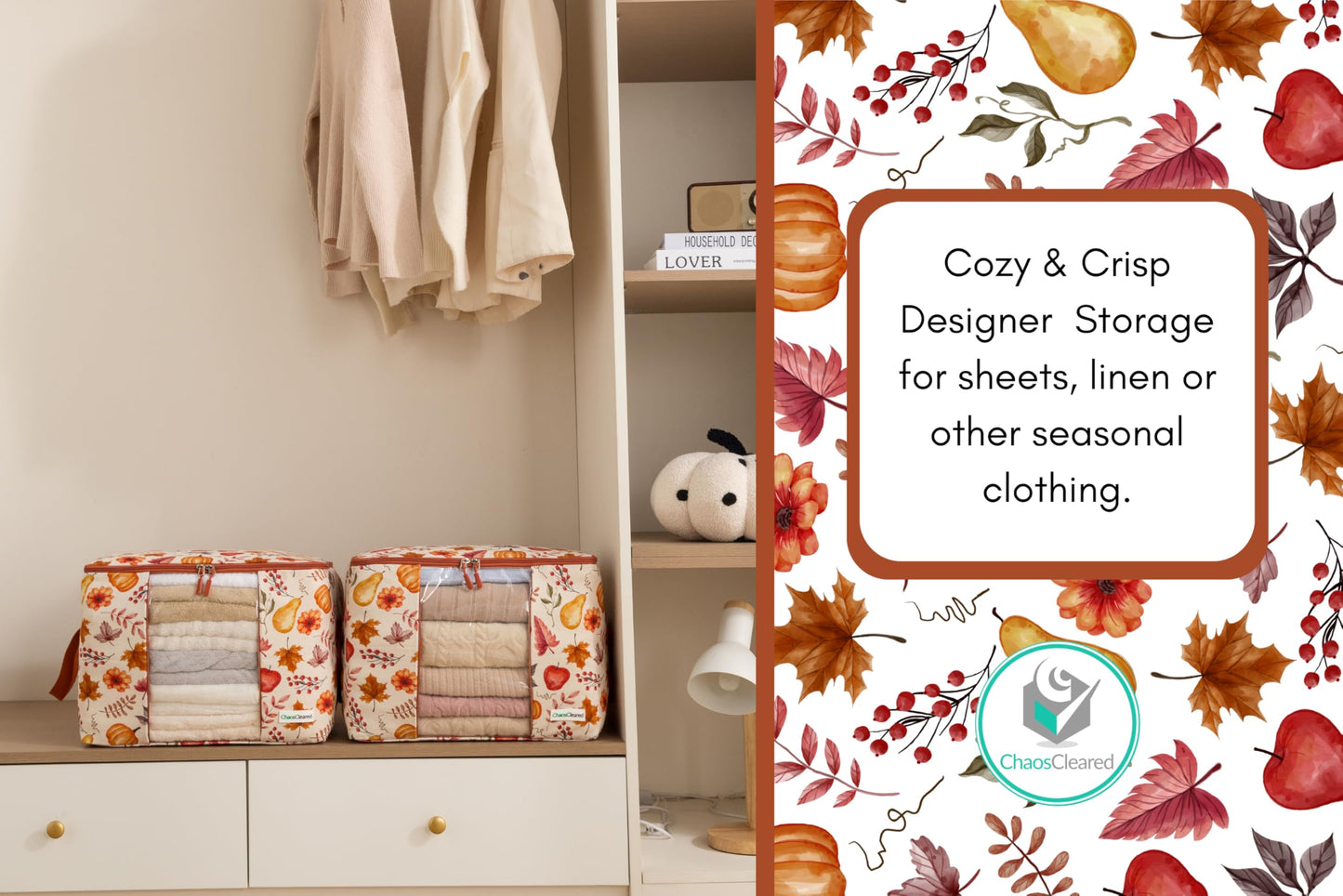 Chaos Cleared Canvas Storage Bags Designer Organizer 2 Pack – Seasonal Storage for Sweaters, Blankets, Linens & Garments – Foldable Design with Zip & Window (Autumn Print)