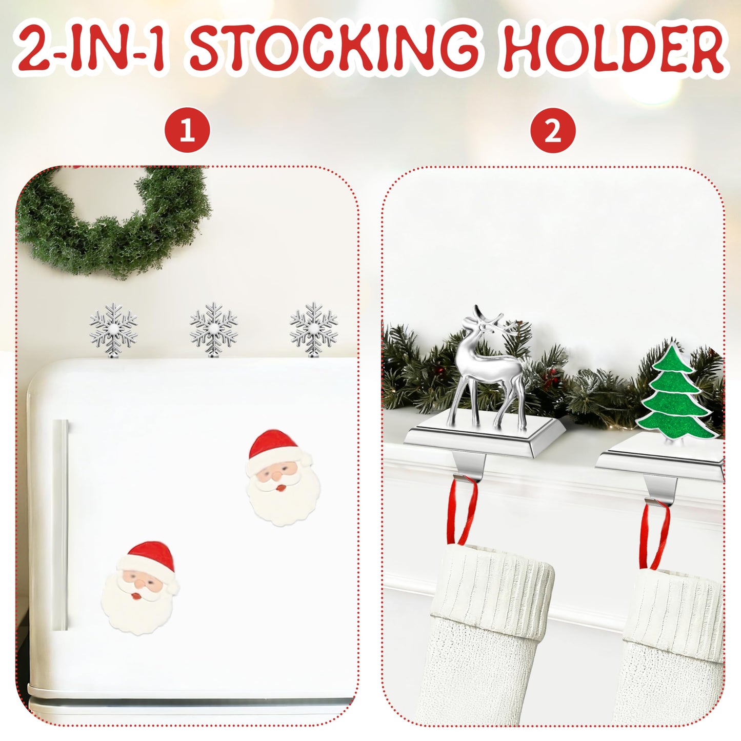 SYITCUN Stocking Holders for Mantle, 4 Pcs Weighted Christmas Stocking Holder, Magnetic Silver Snowflakes Stocking Hooks for Fireplace