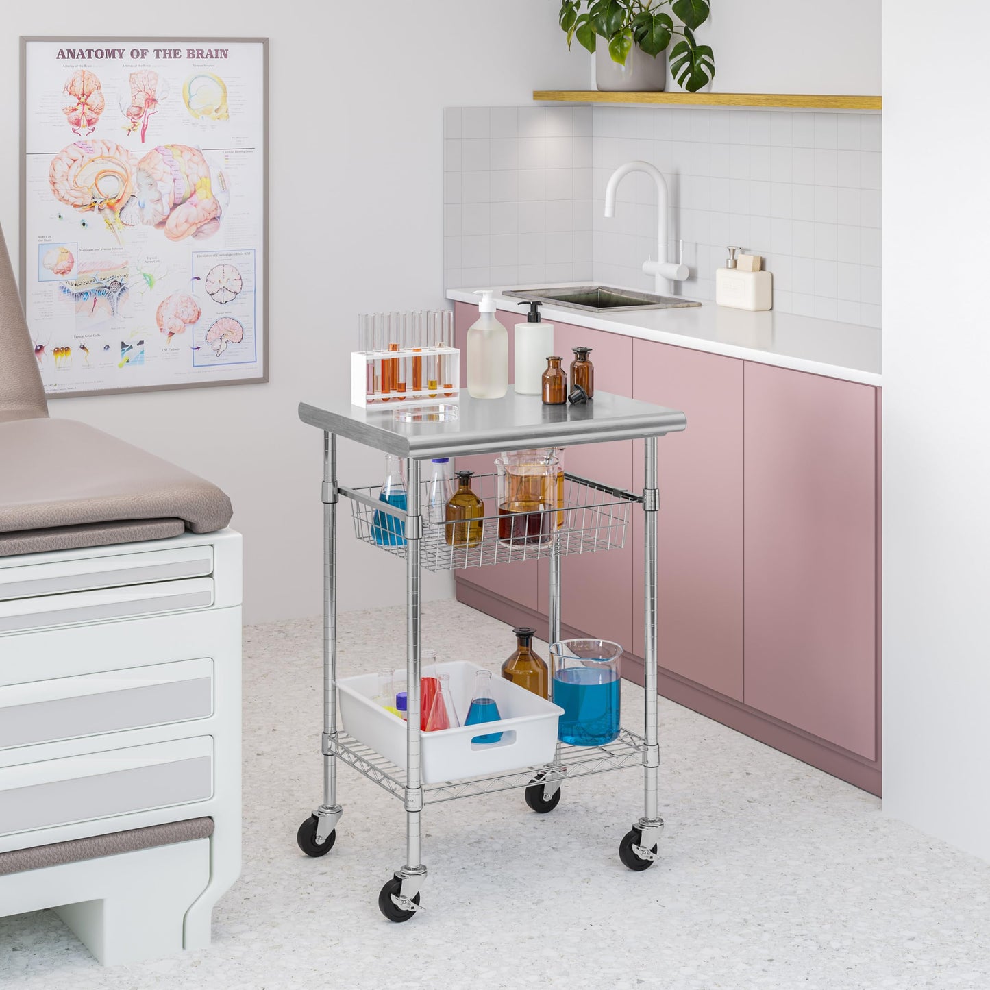 Seville Classics Commercial Work Table Island Utility Cart Prep Station, for Restaurant, Kitchen, Warehouse, Garage, Hotel, Home, Stainless-Steel Top NSF, 24" W x 20" D