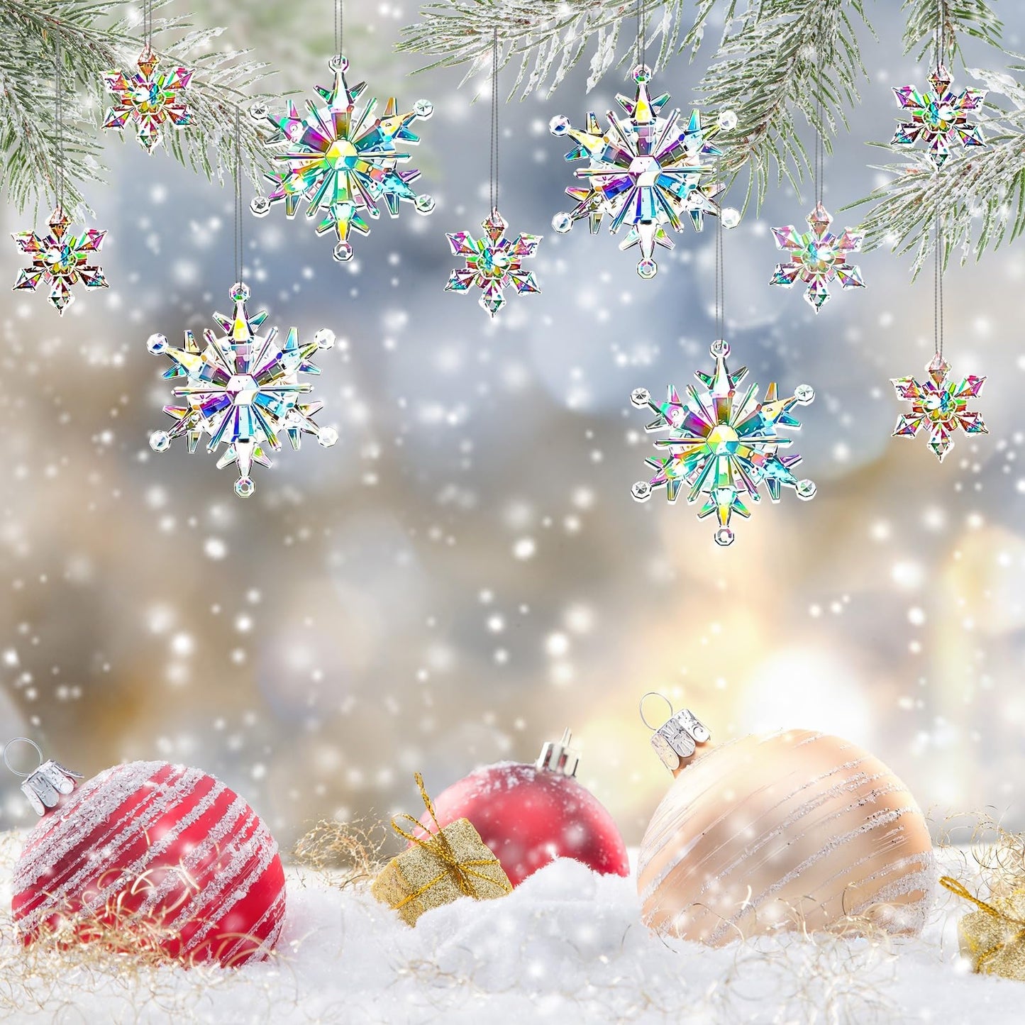 BOARDFEB 60Pcs Christmas Acrylic Snowflake Ornaments Winter 3D Translucent Snowflake Hanging Ornaments for Tree Crystal Iridescent Pendants with Rope for Holiday Party DIY Decor (Laser)