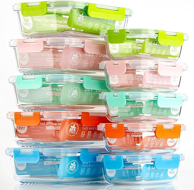 C CREST [10-Pack Glass Food Storage Containers, Meal Prep Containers