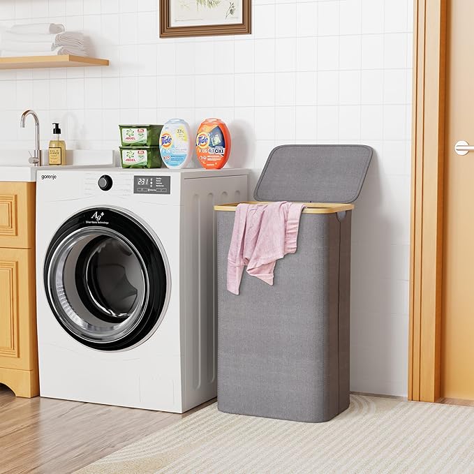SUOCO Laundry Hamper with Lid, 29 Gal Clothes Basket with Bamboo Handles