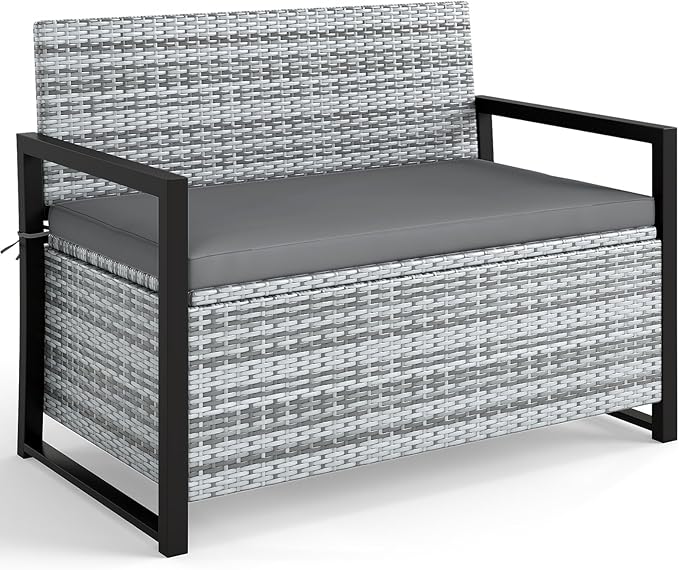 Tangkula 40 Gallon Outdoor Bench with Storage, Patio Wicker Storage Bench with Cushion, Cover, Metal Frame, Deck Box Seat for Backyard, Poolside, Balcony, Garden