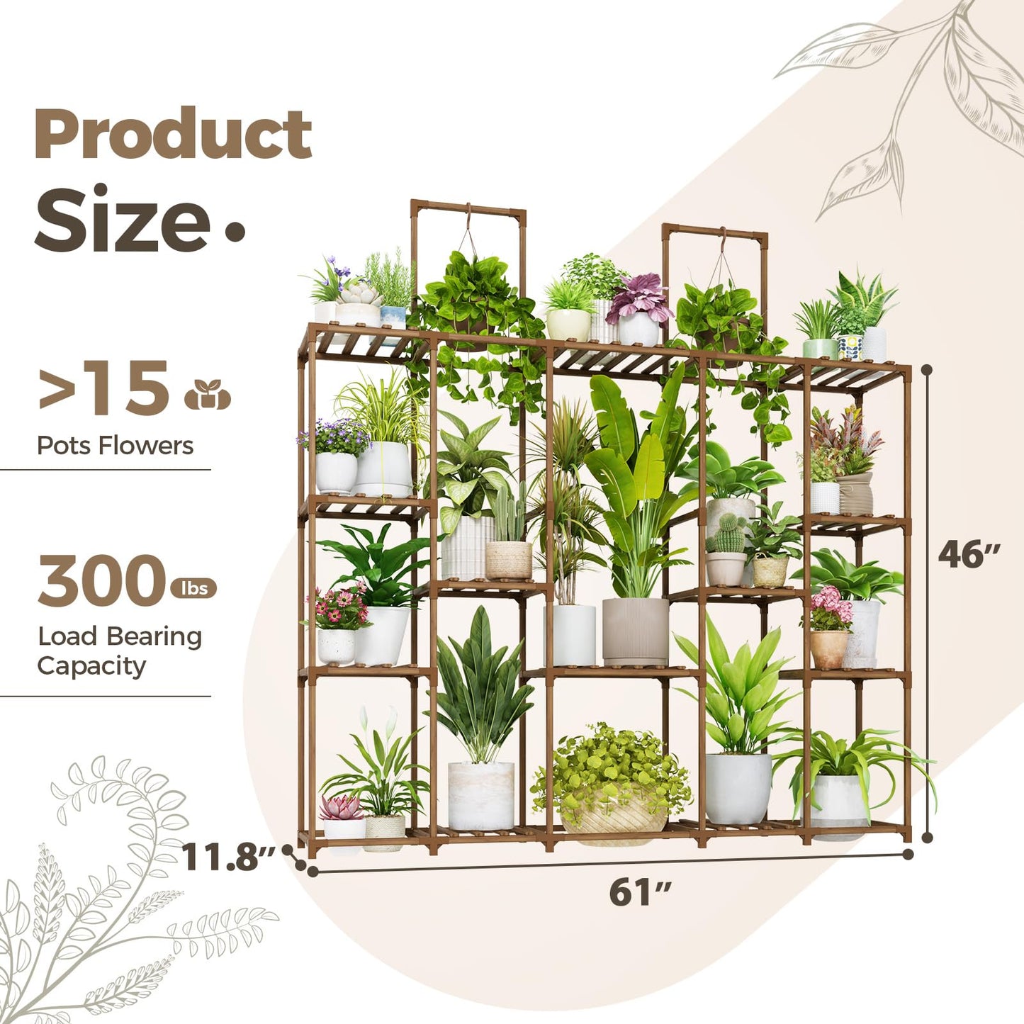 Bamworld Large Plant Shelf Plant Stand Indoor 62.2" Tall Outdoor Plant Holder Wood for Multiple Plants Hanging Plant Rack for Living Room Garden Balcony