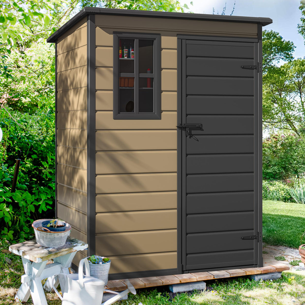 DWVO 5x3ft Resin Outdoor Storage Shed with Floor, Waterproof Lockable Storage Shed with Window, Plastic Outside Tool Storage for Garden, Backyard, Patio, Lawn, Brown
