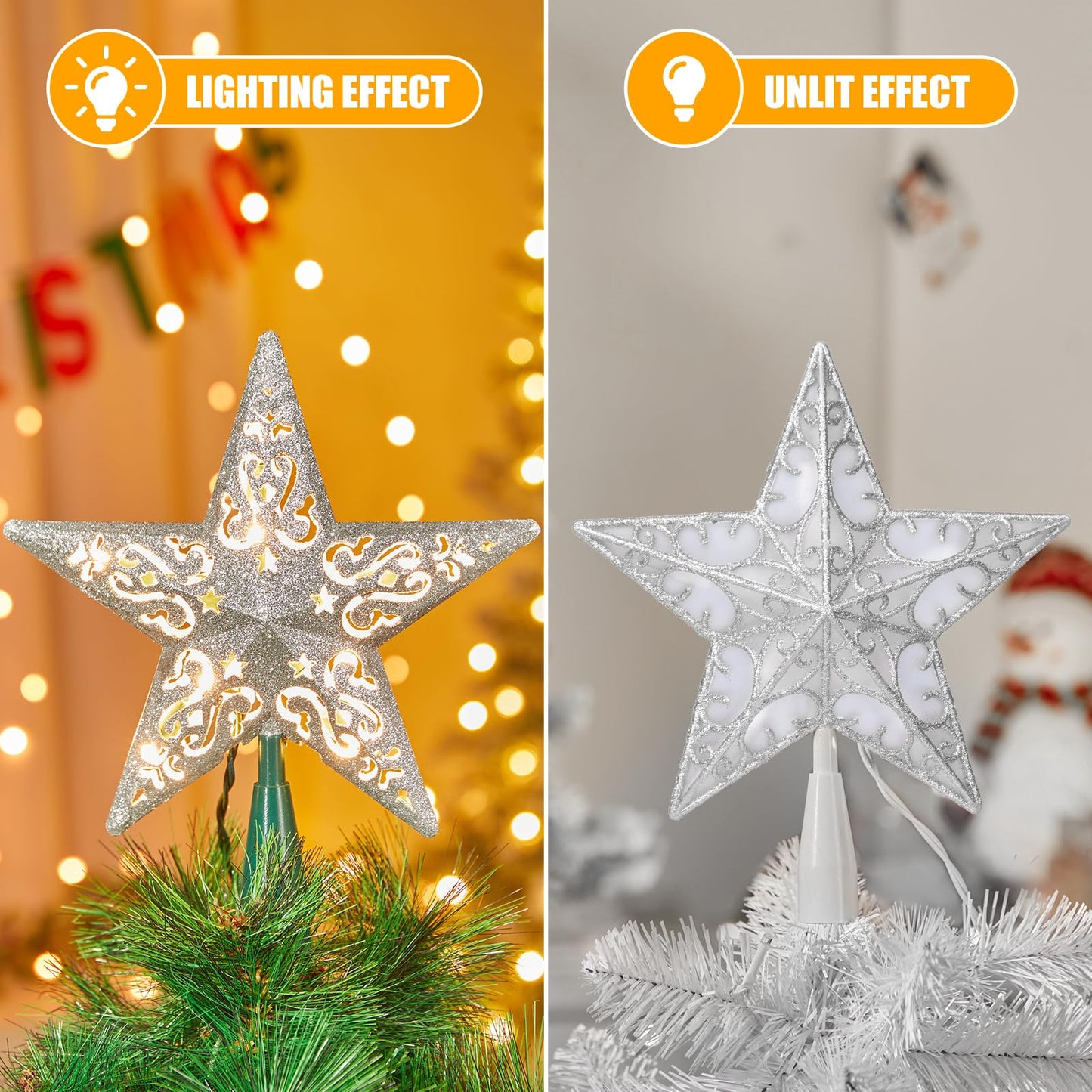 8" Silver Glittered Hollow Christmas Star Tree Topper with Built-in 10-Bulb String Lights and 2 Fuses for Holiday Decor, Green Base