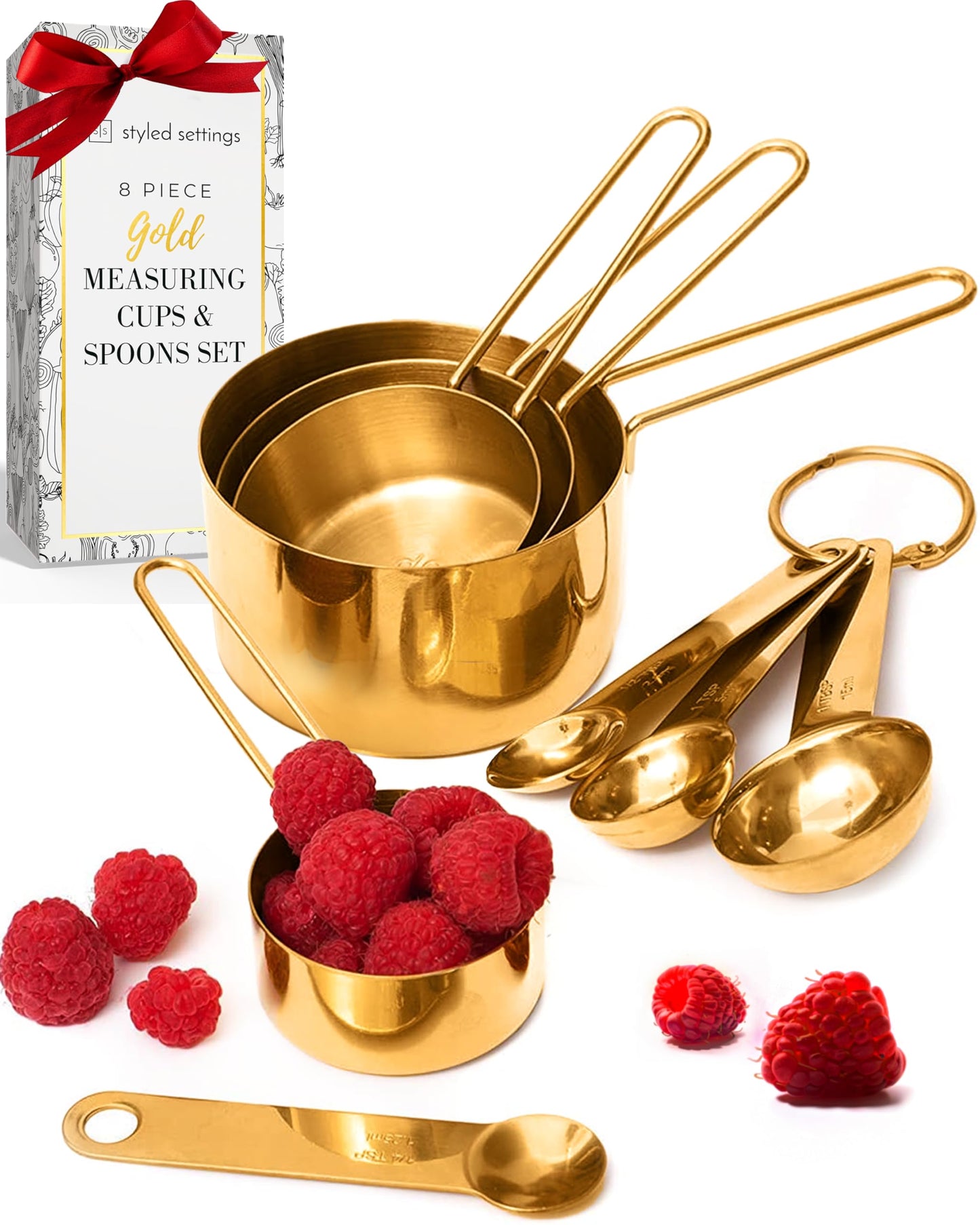 Styled Settings 19-Piece Kitchen Bundle – White and Black Salt and Pepper Grinders, Gold Measuring Cups, and Magnetic Measuring Spoons for Stylish and Functional Kitchens