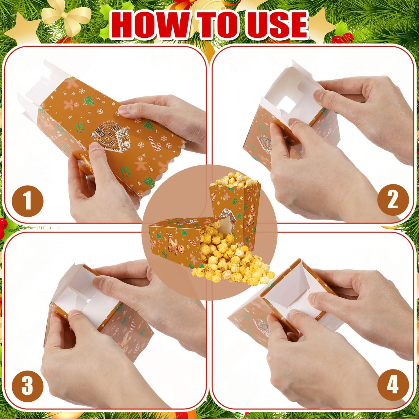 Faccito 50 Pcs Christmas Popcorn Boxes Brown Gingerbread Christmas Movie Popcorn Boxes Paper Snow House Buckets Snack Containers Holiday Case for Xmas Party Gingerbread House Party Favors Supplies