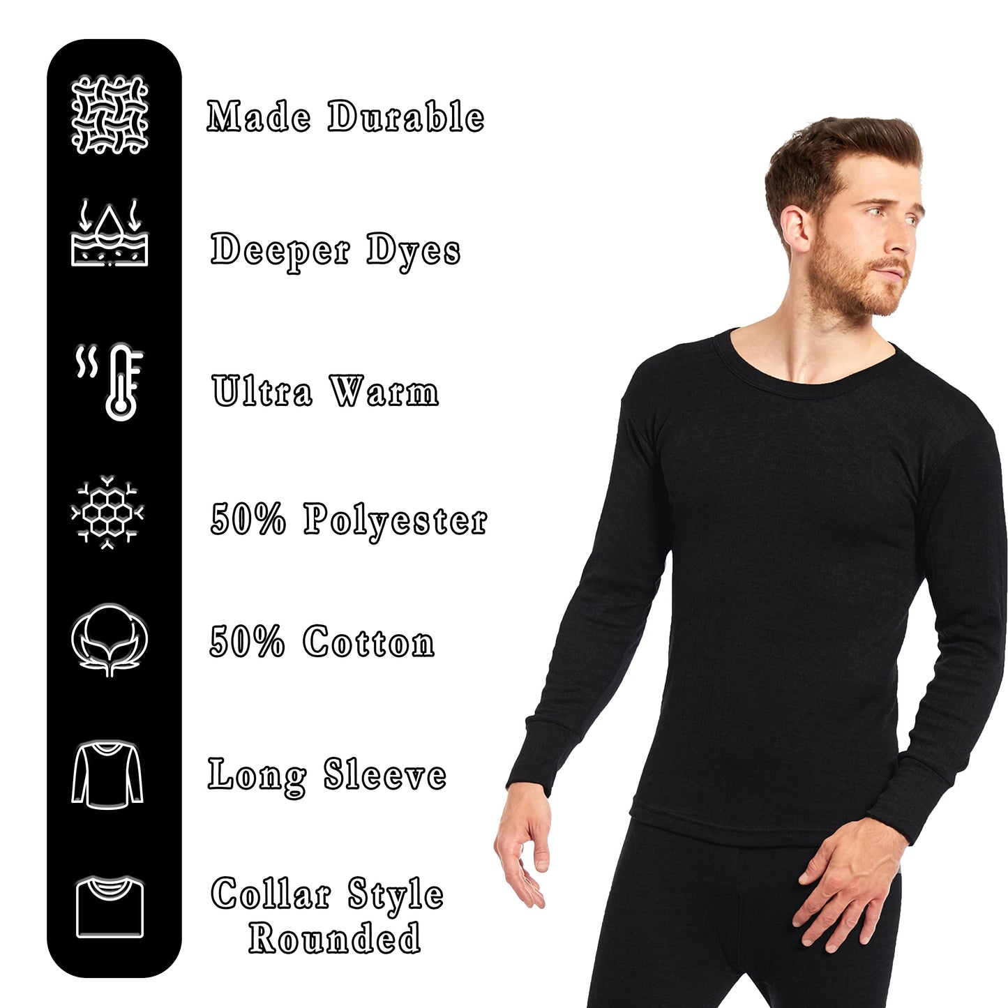 Heatwave® Pack of 2 Men's Thermal Long Sleeve Top, Warm Underwear Baselayer, S M L XL XXL Thermals, Large Black