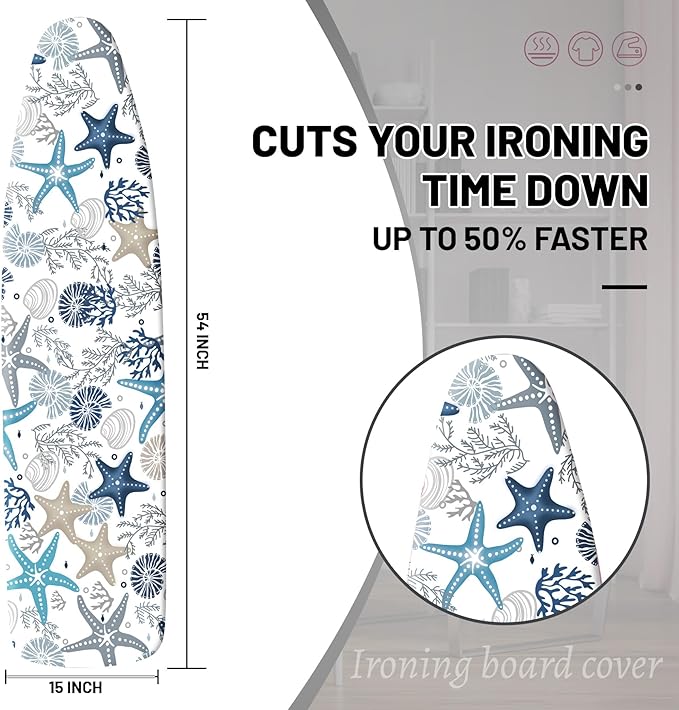 Extra Thick Ironing Board Cover and Pad, Coral Starfish Coastal 15x54 Ironing