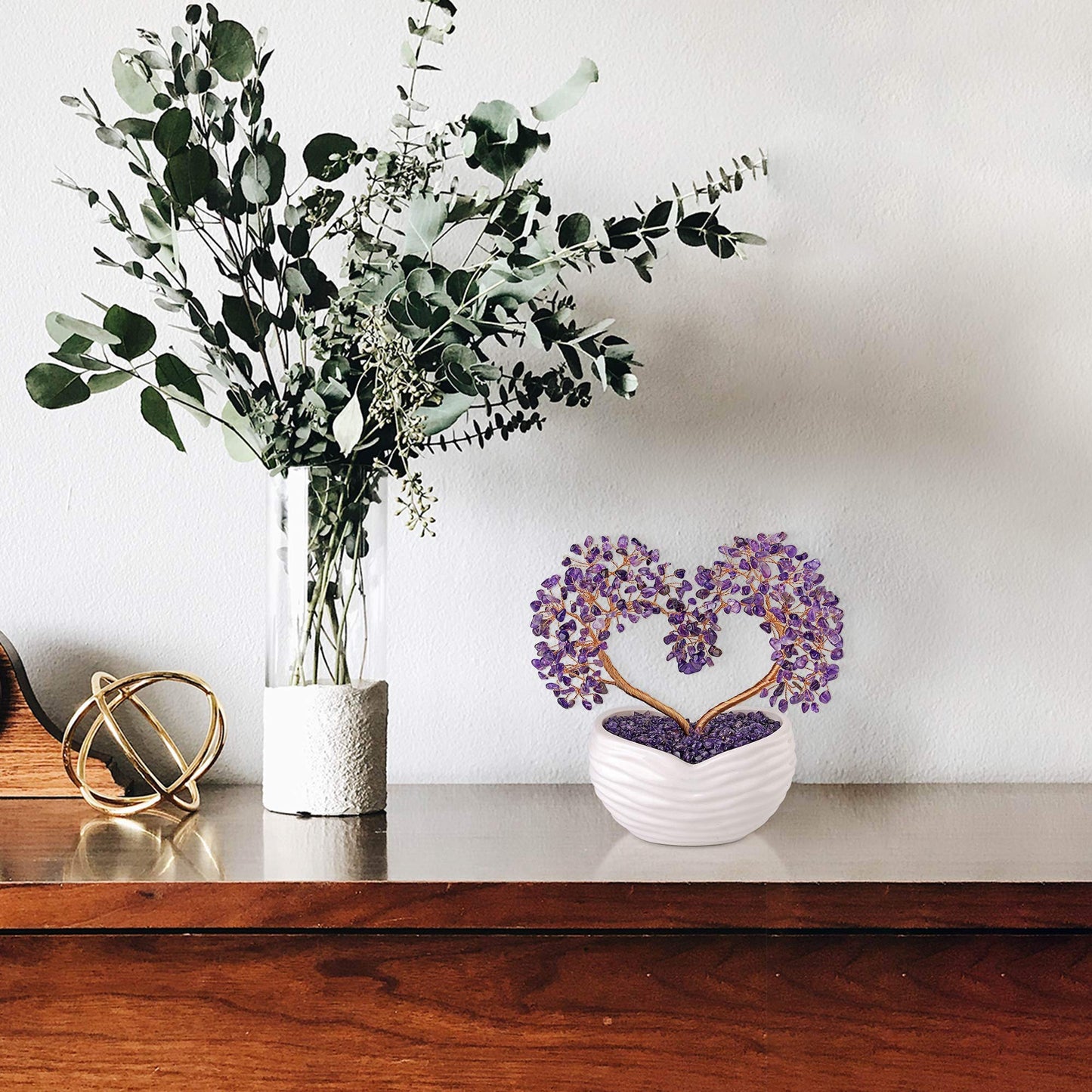 GEHECRST Amethyst Crystals Heart Money Tree Reiki Healing Gemstones Quartz Bonsai Tree Feng Shui Crystal Ornament for Home Desk Decoration Love Heart Crystal Gifts for Mom Christmas Day Her Women