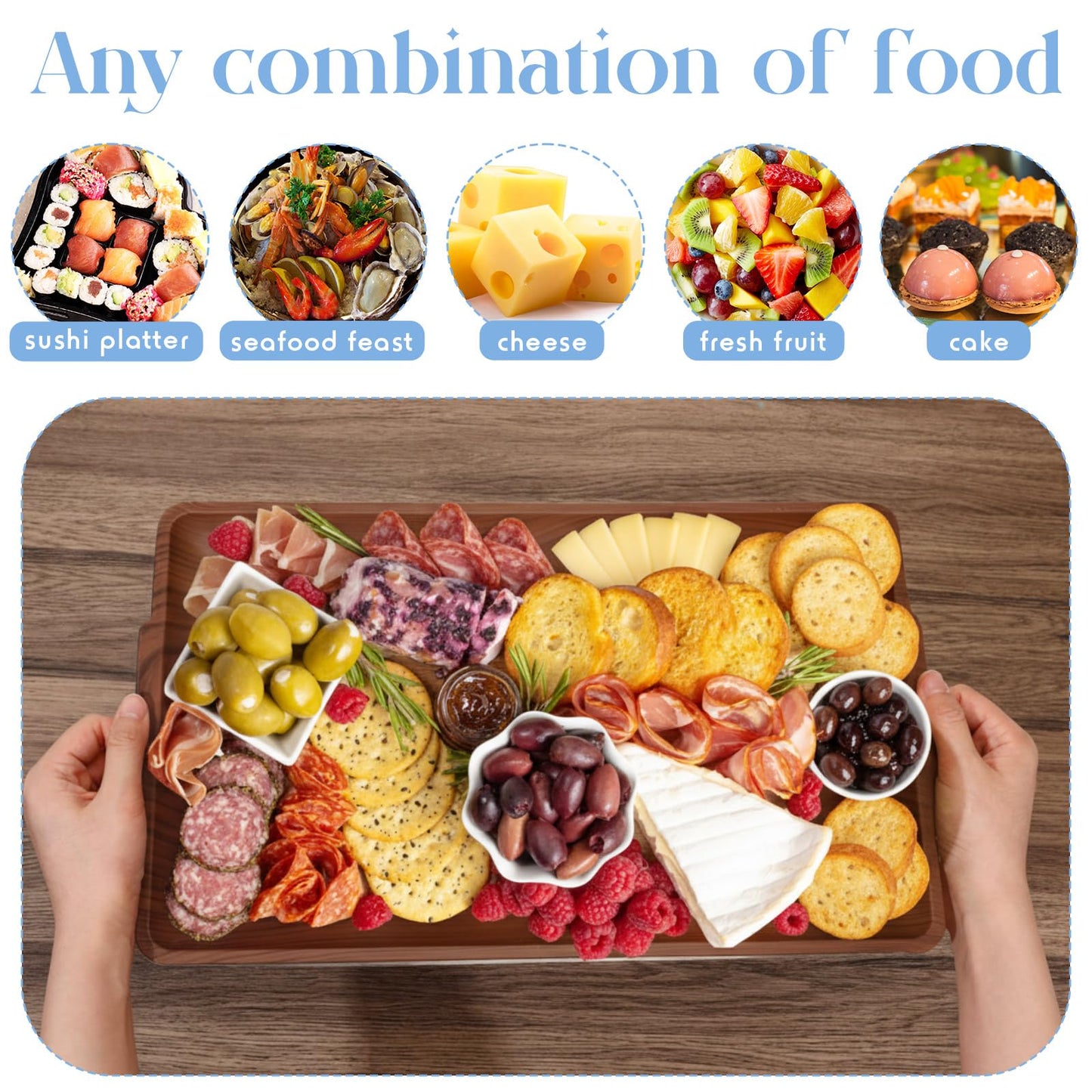 Baderke 2 Set 16" x 9" Plastic Chilled Serving Tray for Parties with Compartments Ice Chilled Party Platter Charcuterie Serving Board Cold Dish Dip for Fruit Seafood Vegetable Appetizer (Dark Wood)