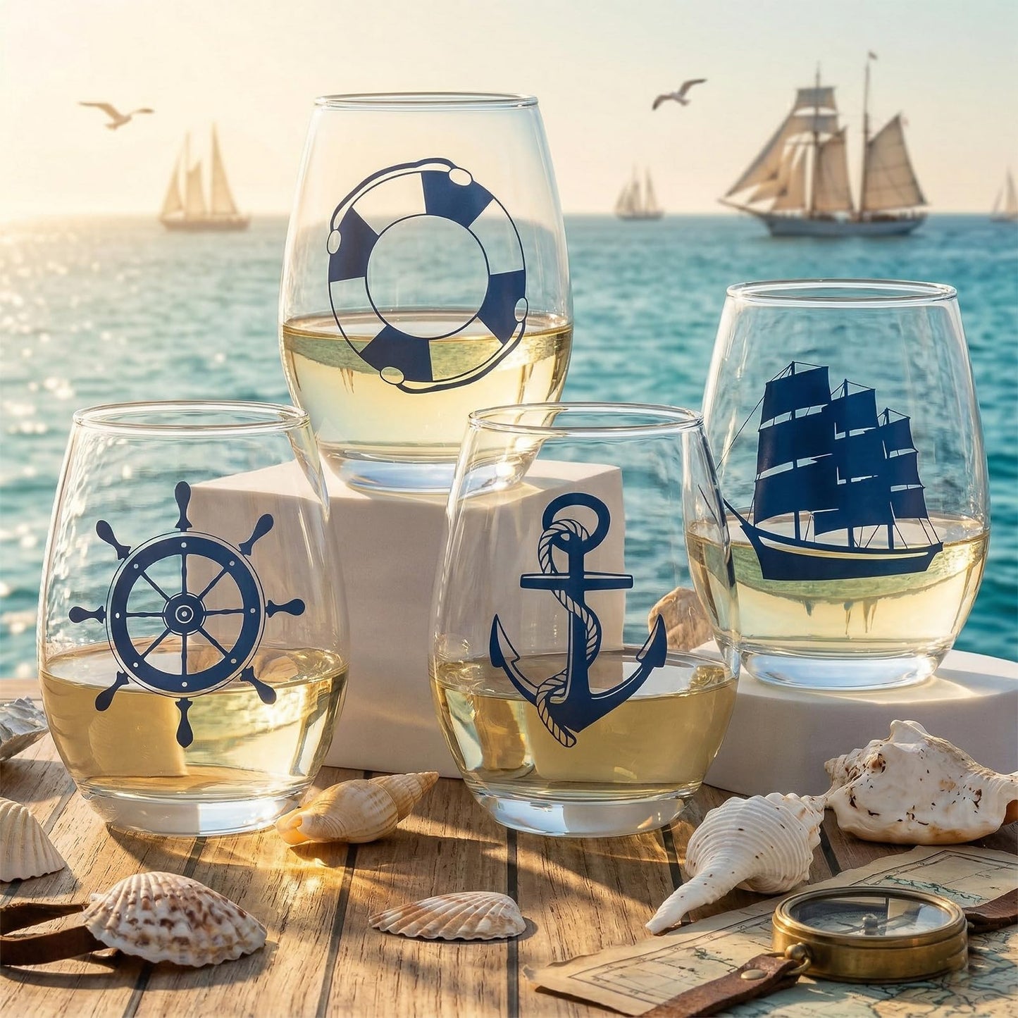 Nautical Stemless Wine Glasses Set of 4, Nautical Decor for Boaters, Sailors Birthday Gift, Anchor Compass Life Ring Helm Beach House Glasses 15oz, Coastal Ocean Marine Glasses for Wine or Cocktail