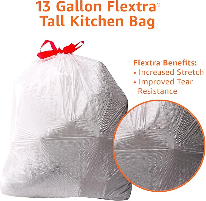 Amazon Basics Flextra Tall Kitchen Drawstring Trash Bags, 13 Gallon