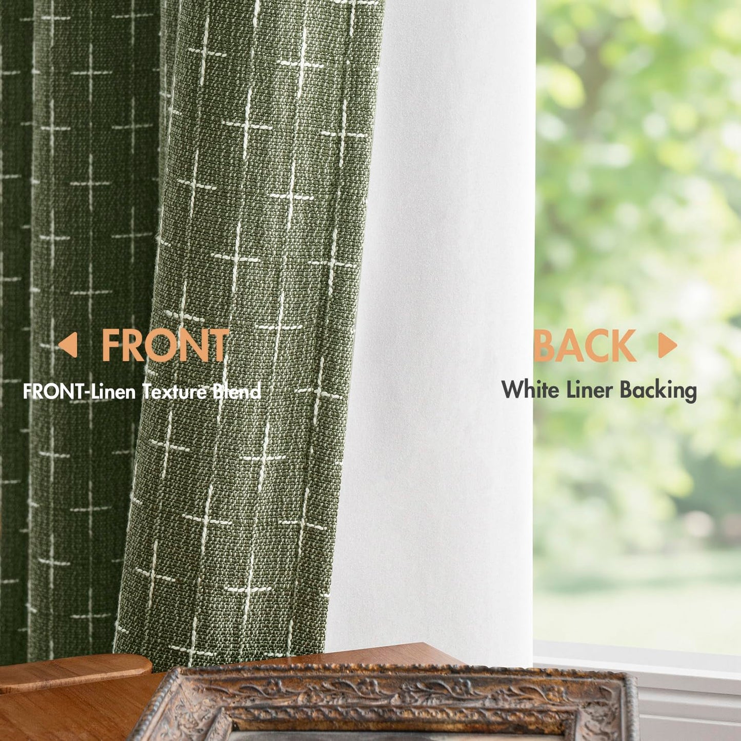 MIULEE 100% Blackout Decorative Linen Striped Curtains with Geometric Pattern, Thick Woven Farmhouse Western Rustic Drapes with Back Tab for Bedroom/Living Room, Olive Green, 52 x 84 Inches, 2 Panels