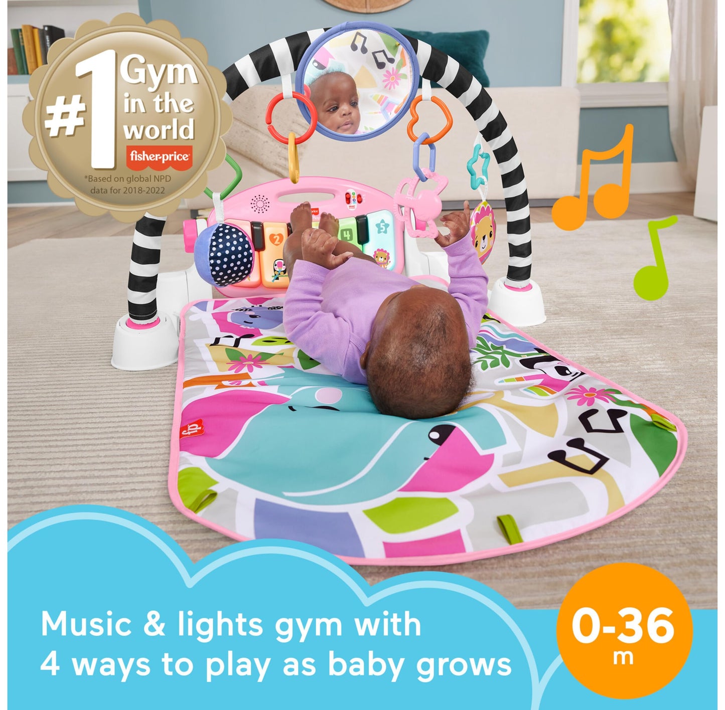 Fisher-Price Baby Activity Mat Glow and Grow Kick & Play Piano Gym, Portable Musical Toy with Smart Stages Learning, Ages 0+ Months, Pink, Queens English Version, HYH63