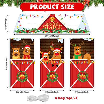 4 Pcs Christmas Deer Door Decorations Xmas Reindeer Stable Door Covers Backdrop Christmas Elk Snowflakes Hanging Banner Porch Sign for Holiday Wall Window Classroom Office Home Party Decor