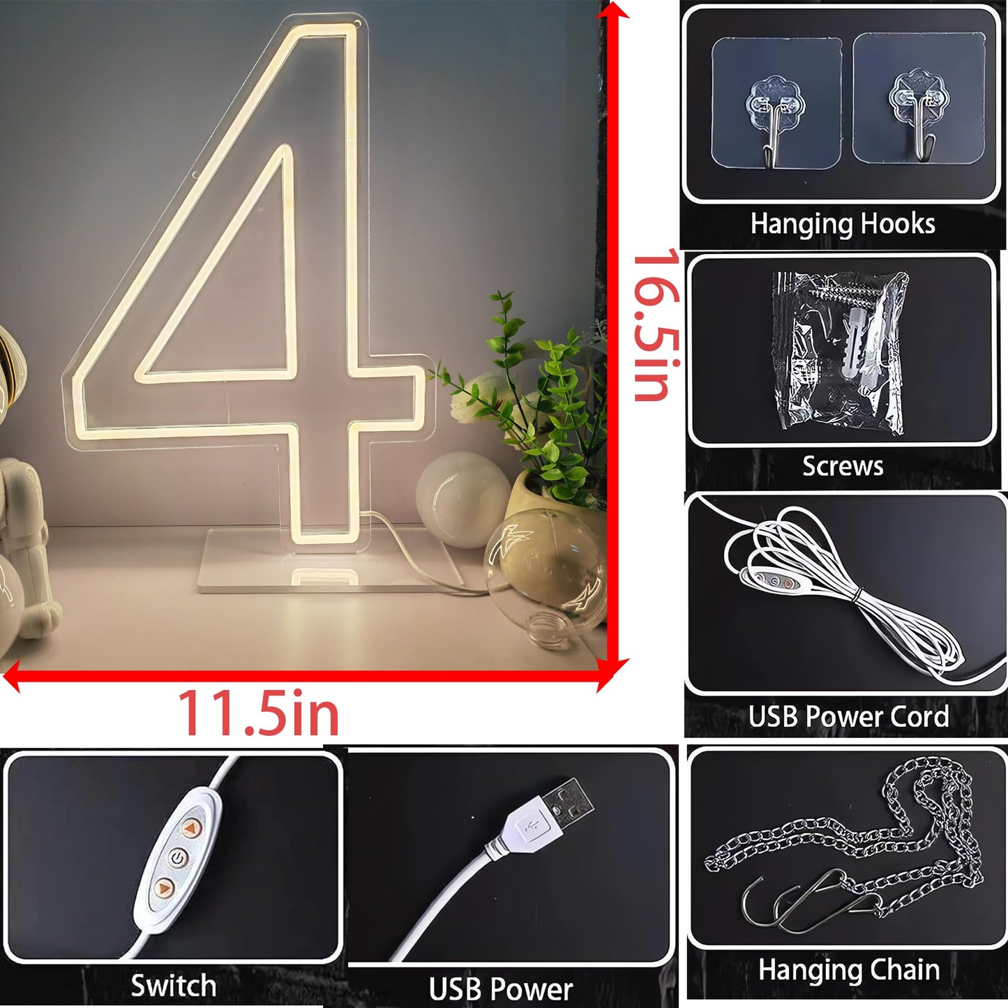 Neon Signs Number 4 Birthdays Decor Neon Lights Party USB Plus Battery Case Light up your baby's birthday with our Neon Number Four Sign (Number 4-Warm White)