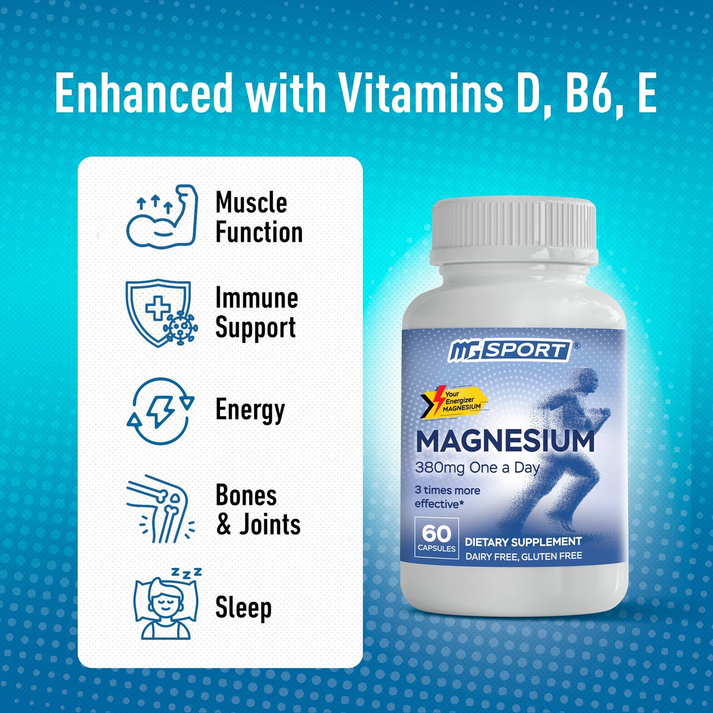 Magnesium Supplement Complex MGSPORT - High Absorption with Vitamins B6, D, E - Supports Muscle Function, 60 Servings