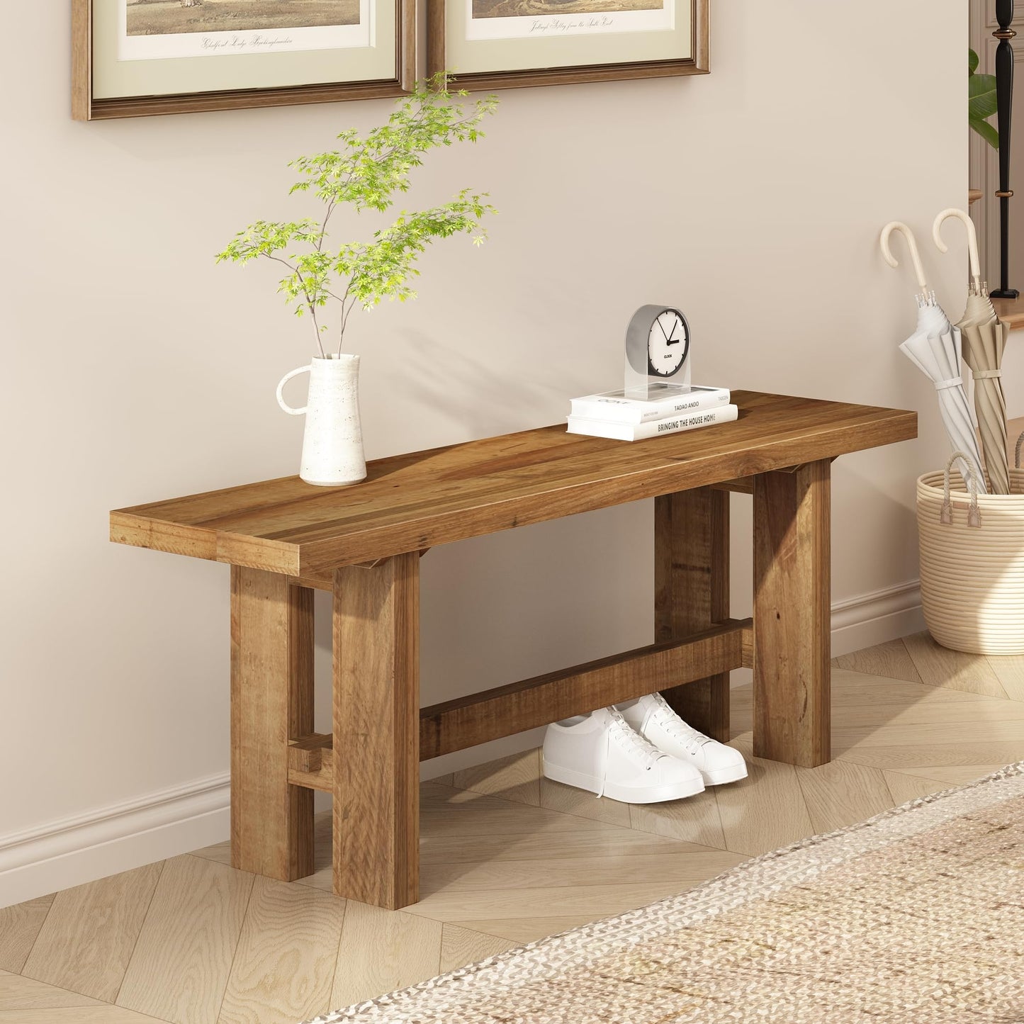 HOKYHOKY Reclaimed Solid Wood Bench, 43.3" Farmhouse Entryway Bench for Hallway, Kitchen, Dining, Bedroom, Narrow Indoor Bench with Rustic Charm