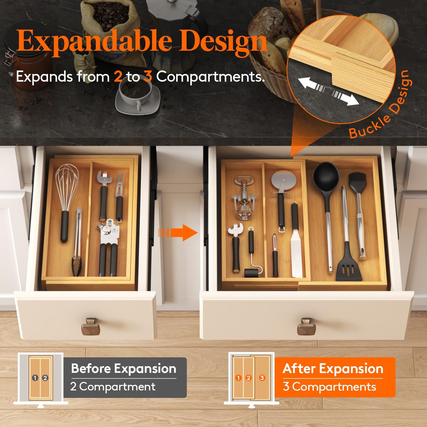 Lifewit Utensil Organizer for Kitchen Drawer, Expandable 13 to 22.4 Inches Wide, Adjustable Cooking Silverware Tray, Bamboo Cutlery Flatware Holder, Spatula Tools and Gadgets Storage Divider, Natural