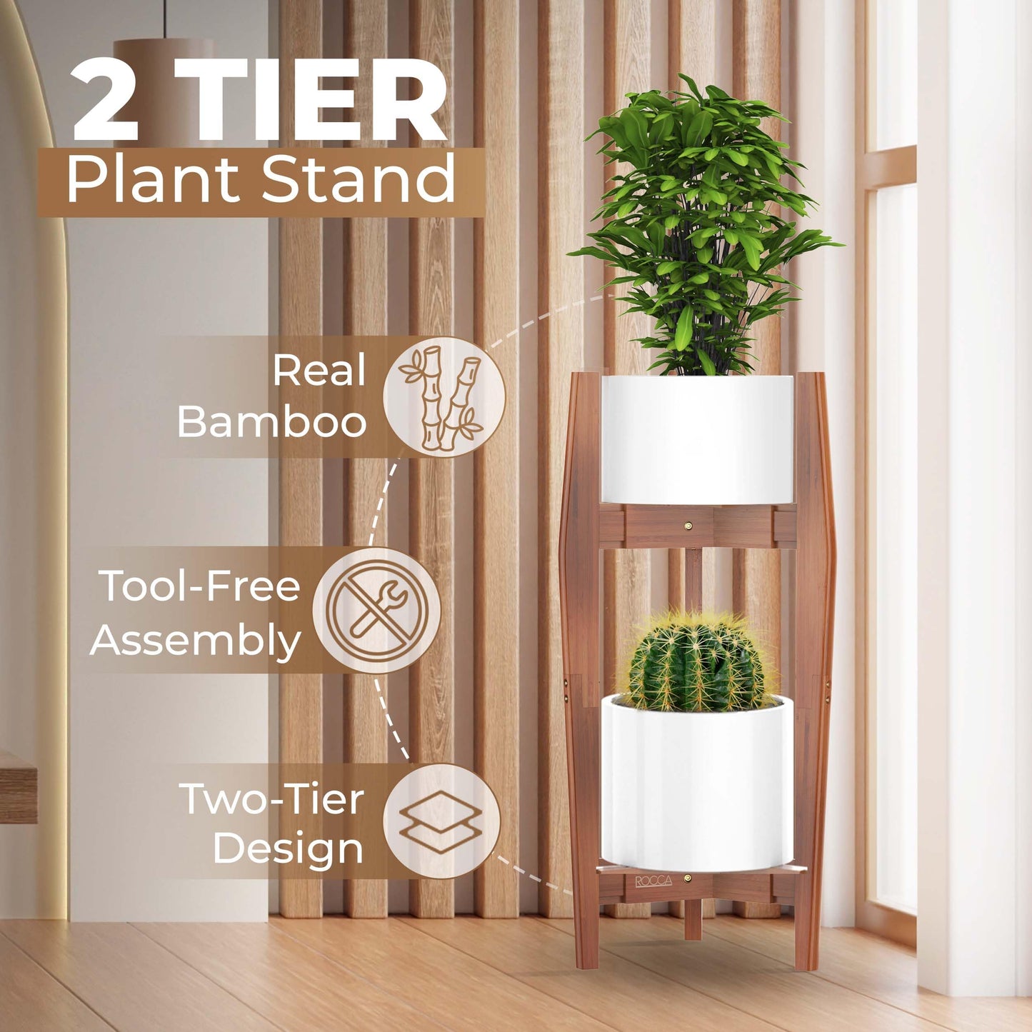 ROCCA 2-Tier Tall Plant Stand Indoor – Adjustable Bamboo Plant Stand (8–12”), Wooden Corner Pedestal for Multiple Pots, Modern Space-Saving Design