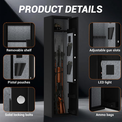 GarveeLife Heavy Duty Rifle & Pistol Safe with Quick Access Fingerprint Lock & Digital Backlit Keypad | Removable Shelves, Pistol Pockets, Dual Alarm | Home Security Gun Cabinet for Shotguns