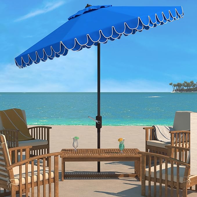 SAFAVIEH 9ft Outdoor Patio Umbrella, Round, Valance, Pacific Blue & White Trim, Auto Crank Tilt, UV Resistant for Deck, Backyard, Poolside (PAT8006P)