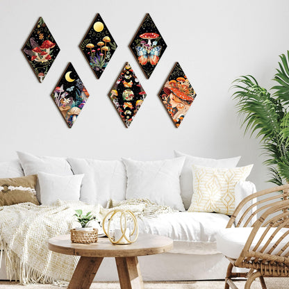 Qunclay 6 Pcs Witchy Gothic Wall Decor, Rustic Boho Moon Phase Sun Mushroom Star Hanging Wooden Ornament for Bedroom Living Room Gallery, Celestial Goth Home Decoration Farmhouse Pediments(Mushroom)